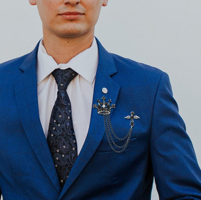 Uarein Cross Crown Long Chain Brooch, Rhinestone Tassel Brooch Pin,Retro Crystal Suit Pins Collar Pin,Coat Tassel Chain Lapel Pins for Men's Suit Accessories - Image 2
